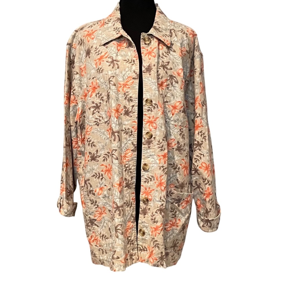 Women's Linen Cotton Floral Button Front Jacket Size L Pockets Grandma core
